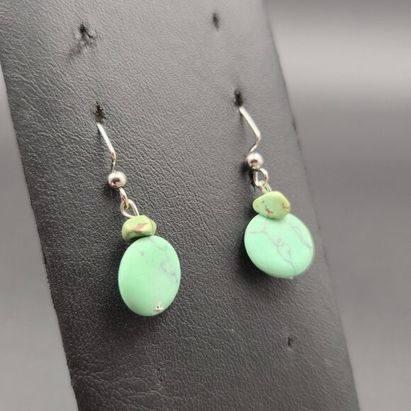 Silver Plated Blue Green Howlite Stone Earrings A6501 - Picture 3 of 5